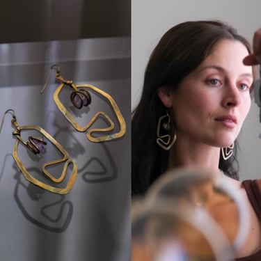 Vintage 70s Hand Crafted Hammered Brass Brutalist Earrings w/ Amethyst Crystal | Bohemian Boho | 1970s Vintage Designer Jewelry 