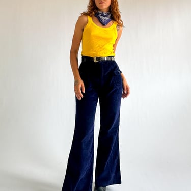 Vintage 1970s Navy Corduroy Flare Pants / High Waisted Sailor Style Bells / Dark Blue Wide Leg Trousers 