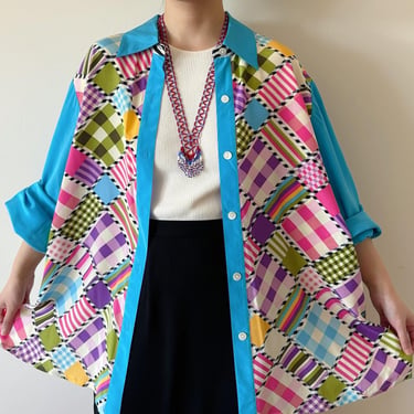 vintage silk blouse silk shirt silk top rainbow blue plaid 80s retro style vintage style colorful top bright pink green plus size 1X 