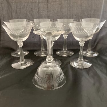Set of 2 Vintage Crystal Fostoria Laurel Wreath Etched Cocktail Coupe Glasses, Martini Champagne 
