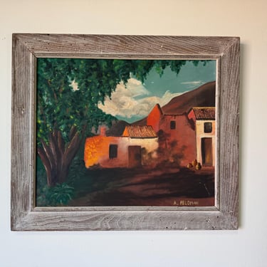 1970s A. Feldman Rustic Village Scene Oil on Canvas Painting, Wood Frame 