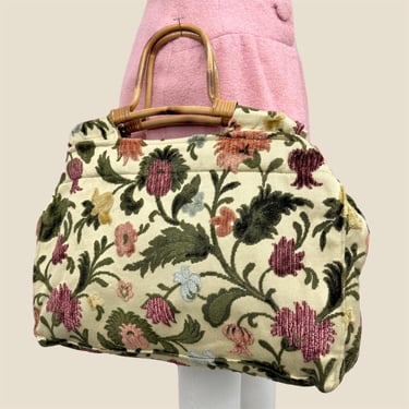 Vintage Carpet Bag Retro 1970s Mid Century Modern + Bamboo Wood Handles + Floral Pattern + Tapestry Purse + MCM Handbag + Womens Accessories 