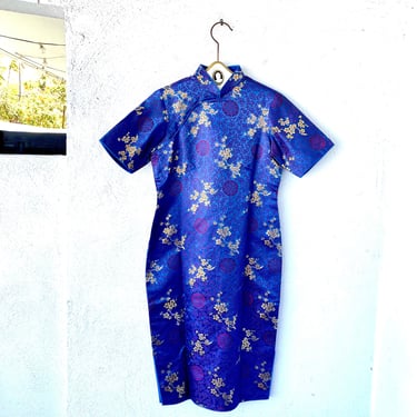 Vintage 1950s 1960s Cheongsam Silk Brocade Qipao 50s 60s Wiggle Dress Blue Gold Asian Floral Dress 