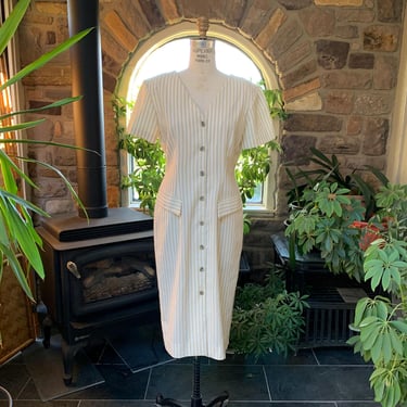 Vintage 1980s Ivory and Tan Striped Button Front Dress with Shoulder Pads Back Tie Dawn Joy 