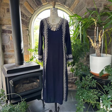 Vintage 1970s Navy Blue and Ivory Bohemian Embroidered Midi Dress 