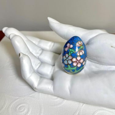 Small Vintage Cloisonne Egg: Chinoiserie Asian Home Decor, Easter Basket, Blue Pink Cherry Blossom Design 