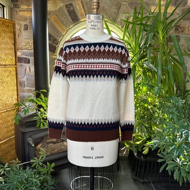 Vintage 1980s Gender Fair Isle Ivory Brown Blue Acrylic Sweater Robert Bruce 