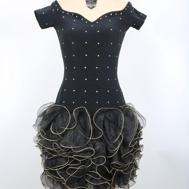 Vintage Black Party Dress with Gold Studs & Sheer Ruffle Details Party Summer 80s 90s Y2K 