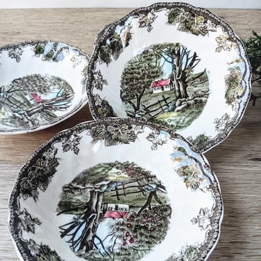 3 Johnson Bros The Friendly Village Brown Ceramic Berry Dessert Bowls/The Stone Wall/England/French Country Cottage Farmhouse Boho 