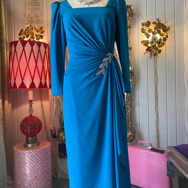 1980s teal draped cocktail dress, puff sleeves, beaded, 80s fashion, alyce, sm 