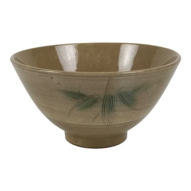 Japanese Ceramic Rice Bowl Chawan Vtg Bamboo Leaf Beige Crackle Pottery Y621