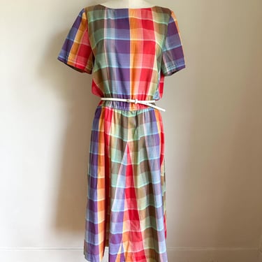 Vintage 1980s Madras Rainbow Plaid Dress / M 