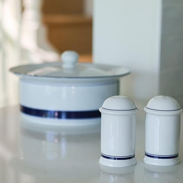 Vintage Dansk Bistro Christianshavn Blue Salt and Pepper Shakers White Porcelain Navy Blue Bands Set of 2 