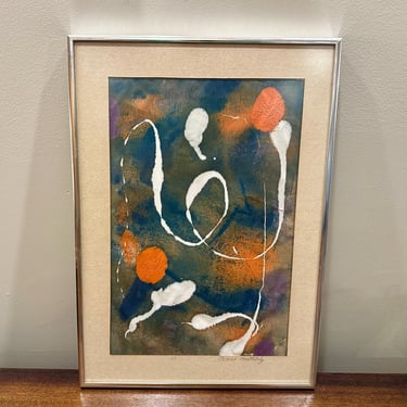 1970s Midcentury Abstract Painting by Gilbert ?Chrome Frame 12” x 17” - Free Shipping 