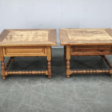 Pair Large Solid Oak Nightstands Vintage European Bedside Tables 1980s 