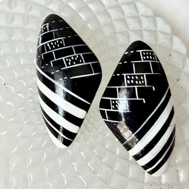 Statement Earrings, Tribal Inspired, Black and White, Abstract, Ethnic, Vintage 80s 