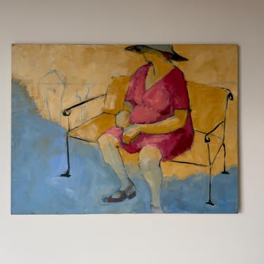 1980s Vintage Figurative Impressionist Seated Woman Oil on Canvas Painting 