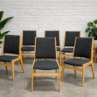 Danish Mid Century Modern Dining Chairs, Set of 6, Beech Wood Frames with Charcoal Upholstery, Scandinavian Modern Dining Chairs, c. 1960s 