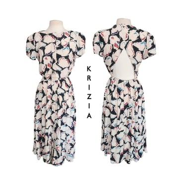 Vintage 1980s Krizia Dress Silk Puff Sleeve Open Back Geometric Abstract Midi 