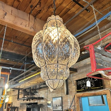 Blown Glass Caged Large Oval Glass Pendant Light
