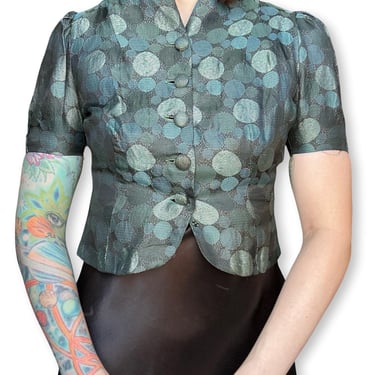 RARE Vintage 1930's Blue Bubble Print Gold Lamé Blouse - size XS Small 