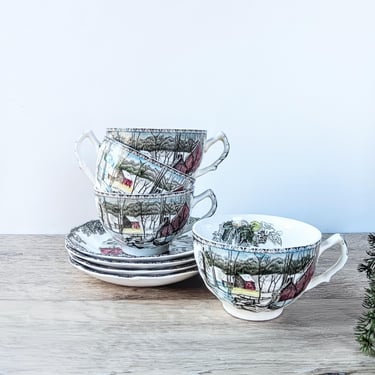 Johnson Bros The Friendly Village Tea Cup Saucers/The Ice House/ England / Country Cottage Core Farmhouse (Set of 4) 