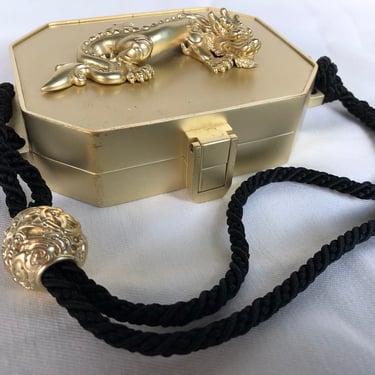 90s GOLD MINAUDIERE, 1990s Archival Couture, Barry Kieselstein Cord, Jewel Box Bag, Red Alligator Clutch, Y2K Mini Bag, Zodiac DRAGON Bag 