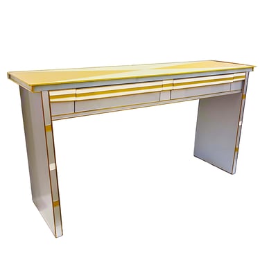 1970s Vintage Italian Art Deco Design Silver White Gold Glass 2-Drawer Console