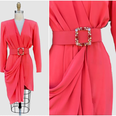 JACQUELINE DE RIBES Vintage 80s Asymmetric Dress with Jeweled Belt | 1980s Saks Fifth Ave Designer Dress | French Designer | Size Small 