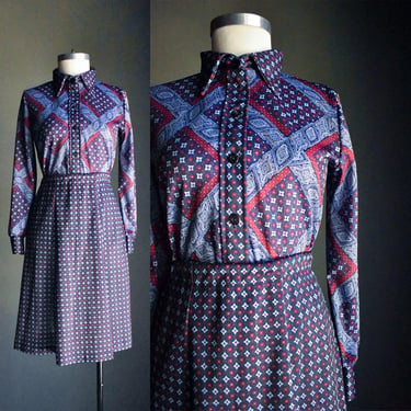 Vintage 1970s 2pc Matched Set / Vintage Skirt and Blouse with Belt / 1970s Outfit Medium / Abstract Print Blouse and Skirt / 70s 2pc Outfit 