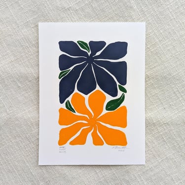 Flower Linocut Print - Navy and Orange - 6x8 inches - Printed by Hand 