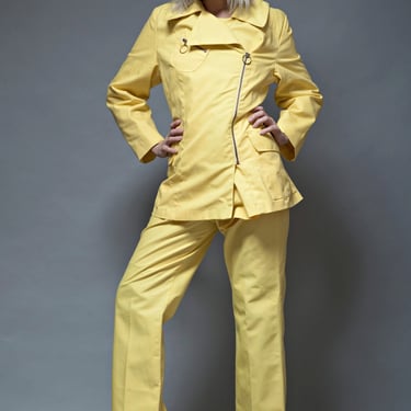 yellow pant suit jacket 2 piece set zipper top vintage 1970s M MEDIUM pants futuristic uniform 