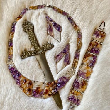 Vintage Amethyst & Citrine Artisan Jewelry Set / Crystal Chips Set in Resin / Bohemian Style Drop Earrings Necklace and Bracelet Collection 