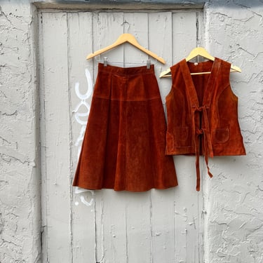 1970s Burnt Orange Suede 2pc Vest and Skirt