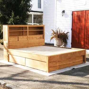 NdRsC02 Solid hardwood platform bed, 4 drawers, storage HB, shelves, side cubbies; NdRsC02b Less tall, no side cubbies; NdRsC01 taller 