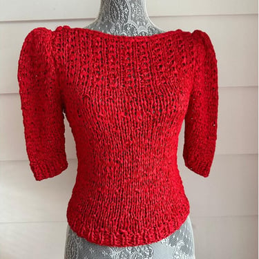 Vintage Crochet Blouse | Short Sleeve Knit Blouse | Beaujon Paris Blouse | Red Crochet Blouse 