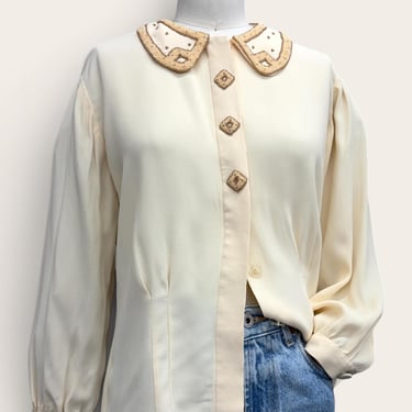 Vintage Zelda Beaded Blouse 1980s Retro Womens Size Small + Preppy + Cream Color + Rayon + Button Front + Evening Wear 
