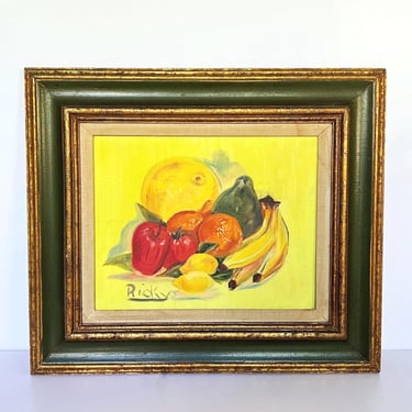 Vintage Still Life Oil Painting: Signed Fruit Art in Ornate Green & Gold Frame 