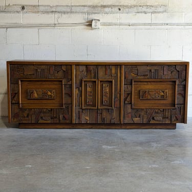 Lane Oak Credenza Brutalist Wooden Sideboard Large Storage Mid-Century Modern 1970s 