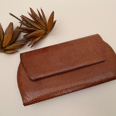 Vintage 1980s Caramel Brown Snakeskin Reptile Clutch Bag Made by Robert Bestien 
