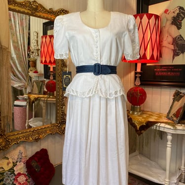 vintage 1980s white cotton dress cut work lace puff sleeves 80s fashion easter m 