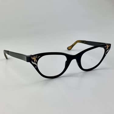 Vintage 1950'S Cat Eye Sunglasses - by TURA - Black Aluminum Frame with Gold & Silver Etchings - Optical Quality - Smaller Frame Size 