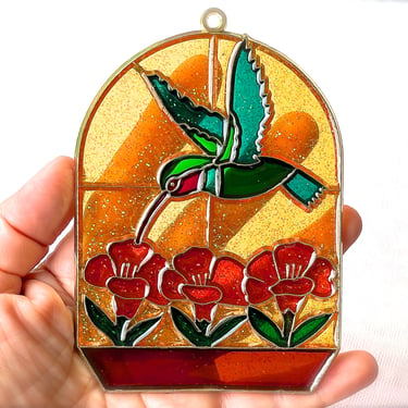VINTAGE: 1980s - Retro Metal and Glittered Resin Bird and Flowers Ornament - Faux Stain Glass, Light Sun Catcher - SKU 15-E2-00017357 