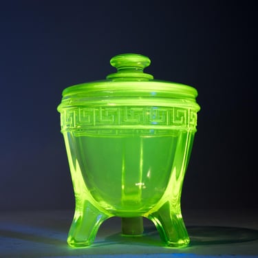 Vintage Vaseline Glass Lidded Bowl, Powder Jar, Uranium Glass, Greek Key, Jar 