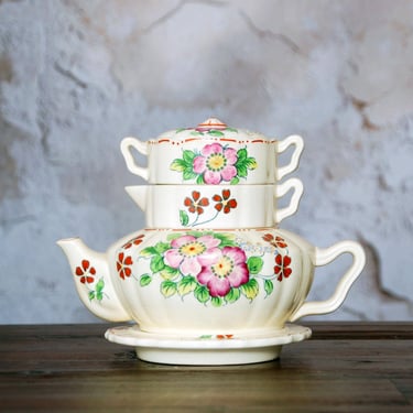 Vintage stacking teapot / Mikori hand painted floral 5 piece tea set 