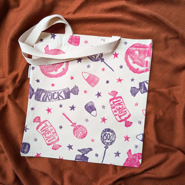 Block Printed Halloween Trick or Treat Tote Bag – Organic Cotton Canvas - 14x15 inches - Pink and Purple 