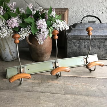 French Coat Hook Rack, Faux Bamboo, Green Painted Wood, Iron, Hats, Hallway Mudroom Decor 