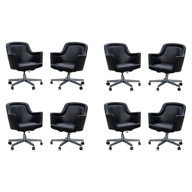 Set of 8 Stow Davis Black Leather & Chrome Rolling Swivel Desk or Office Chairs