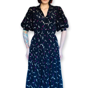 Vintage CELINE 1980's Floral Silk Puff Sleeve Day Dress - size Small Medium 
