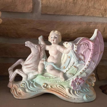 Antique German Capodimonte Figural Spill Vase~ Horse Chariot & Cherub porcelain bisque planter ~Germany marked, numbered~ Victorian style 